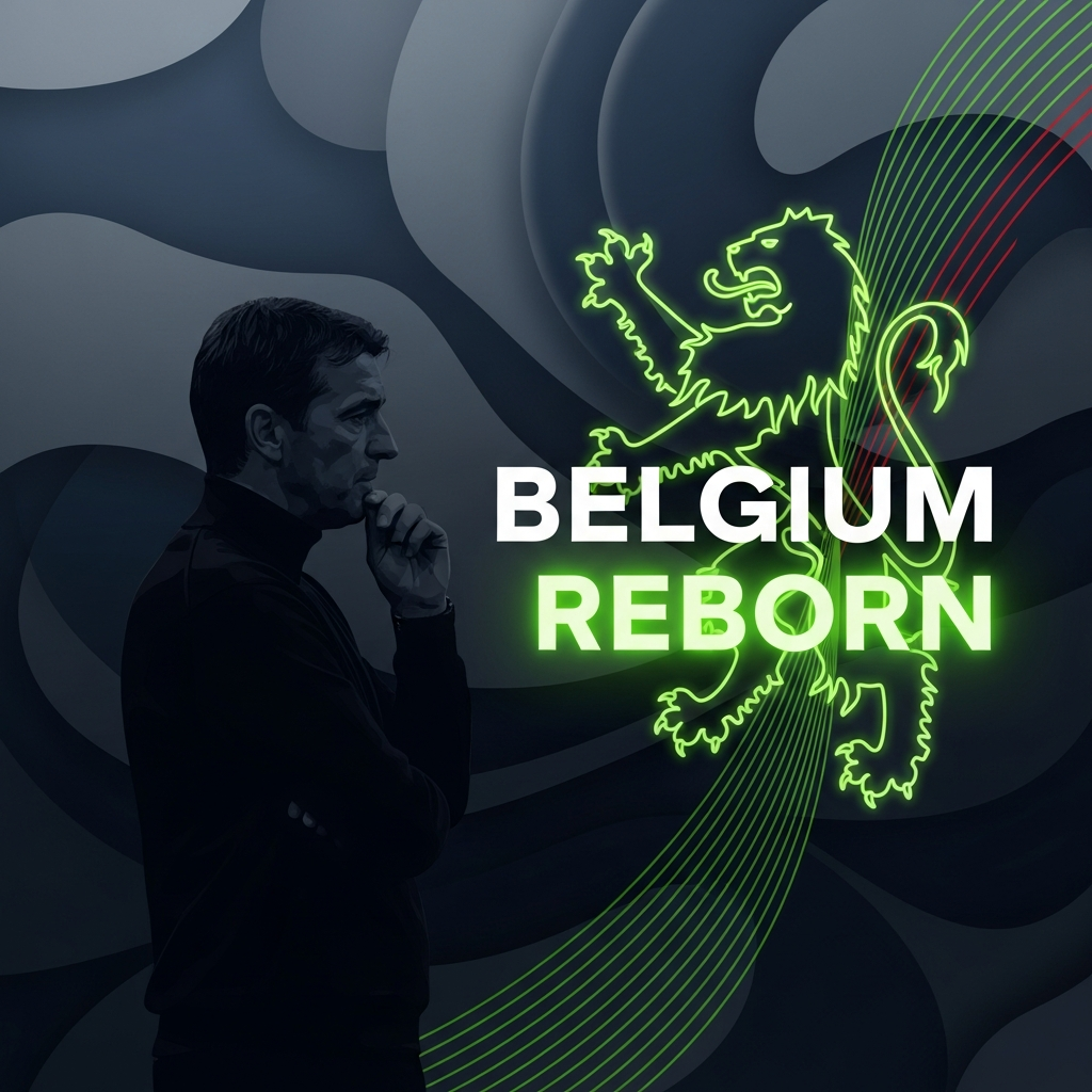 A 16:9 cinematic, dark-themed thumbnail for a football blog post. The background is a moody, abstract pattern of dark charcoal and deep navy blue. In the foreground, a stylised, semi-transparent silhouette of a football manager, Rudi Garcia, is seen from the chest up, looking thoughtfully towards the right. Overlaid on the right side of the image are abstract, glowing neon lines in a vibrant lime green, forming the shape of the Belgian flag\
