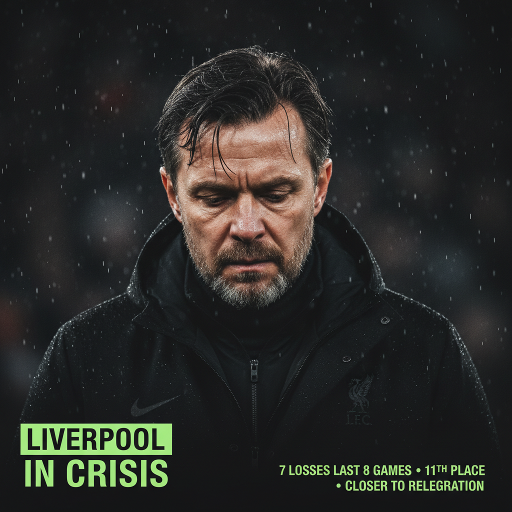 A lime green and dark graphic illustrating Liverpools statistical decline in the 2025-26 Premier League season.