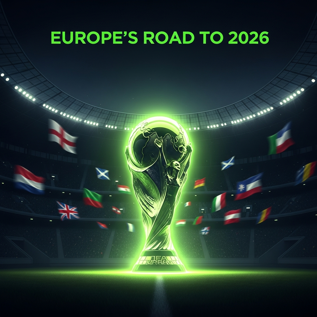 Cinematic thumbnail for blog post: World Cup trophy glowing lime green, surrounded by European flags, with title 'EUROPE'S ROAD TO 2026'