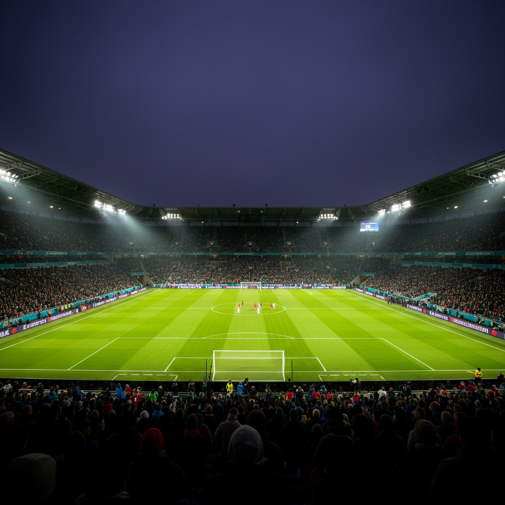 A football stadium with a vibrant green pitch and blurred crowd, symbolizing global football action.