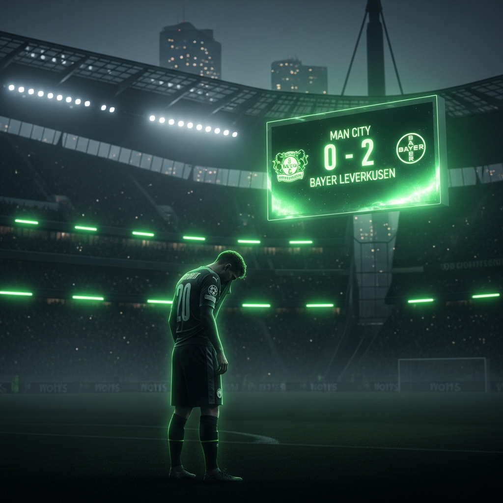 A dramatic, dark-toned 16:9 image capturing the disappointment of a football defeat. The background is a moody, slightly blurred view of the Etihad Stadium at night. In the foreground, a dejected player silhouette stands with his head down. A futuristic, glowing lime green scoreboard hovers in the background, displaying "Man City 0 - 2 Bayer Leverkusen." The overall color scheme is dominated by deep charcoal and black tones, punctuated by the vibrant, electric lime green of the scoreboard and a subtle outline on the player.