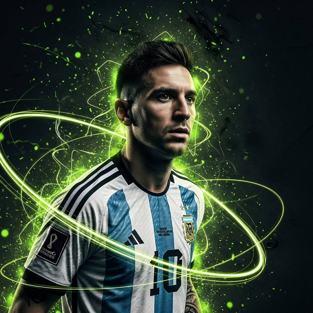 A 16:9 cinematic sports thumbnail with a dark, moody tone. Argentina defender Nicolás Tagliafico is the central focus, shown from the chest up in the iconic blue and white striped Argentina kit. He has a determined, focused expression, looking slightly off-camera. The background is a stark, almost black texture. Abstract, glowing geometric lines and particles in a vibrant lime green color swirl around him, creating a sense of energy and dynamism. The overall color scheme is strictly dark tones and bright lime green.