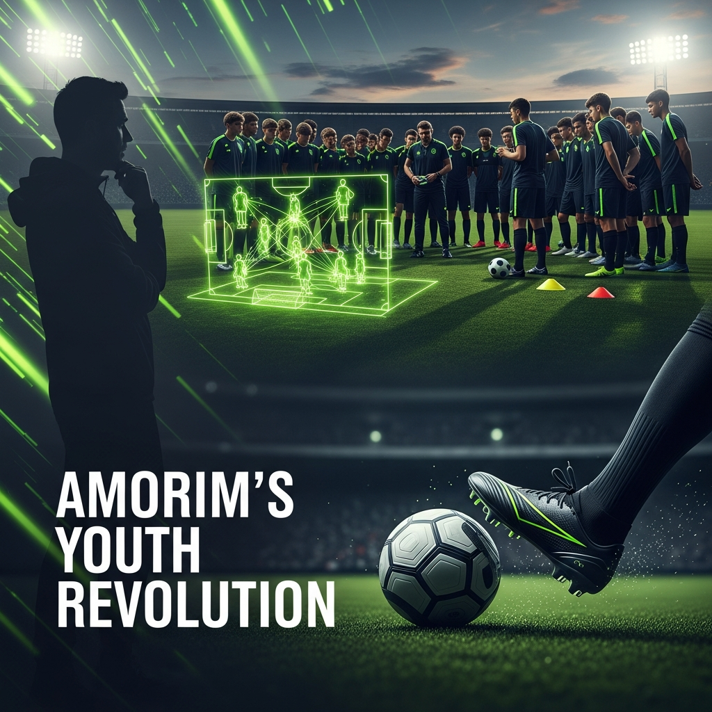 A futuristic and abstract 16:9 thumbnail with a dark charcoal grey background. A silhouette of a football manager, representing Ruben Amorim, stands on the left, looking thoughtfully at a glowing, holographic projection of a football pitch. On the pitch, young players are represented as vibrant, lime green energy nodes connected by tactical lines. Streaks of lime green data and light stream across the dark background, conveying a sense of strategy and technology. The text "AMORIM'S YOUTH REVOLUTION" is overlaid in a bold, clean, and modern white font. The overall aesthetic is dark, moody, and high-tech, with lime green as the dominant, eye-catching accent color.