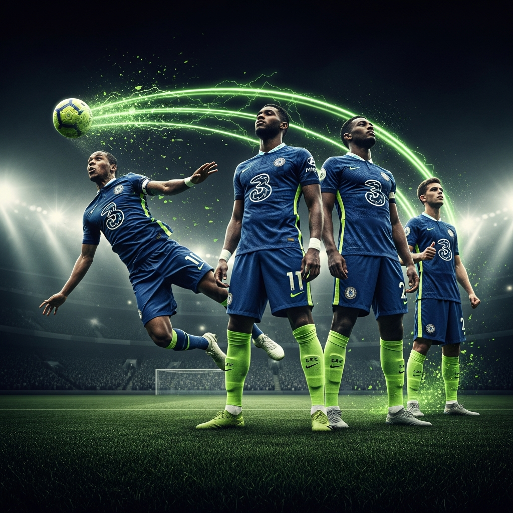 Abstract, stylized footballer celebrating a goal with vibrant lime green against a dark, textured background, conveying speed and excitement.