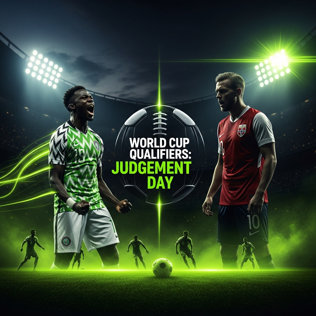 A dramatic split-screen thumbnail showing Nigerian and Norwegian players with "WORLD CUP QUALIFIERS: JUDGEMENT DAY" text.