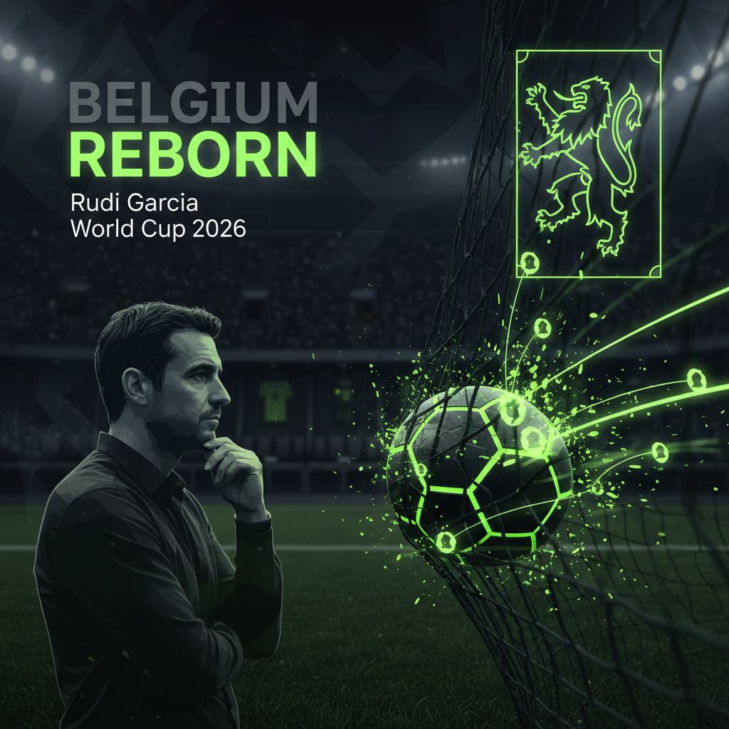 A dark football tactics board showing player movements with glowing lime green lines and markers, illustrating Rudi Garcia\