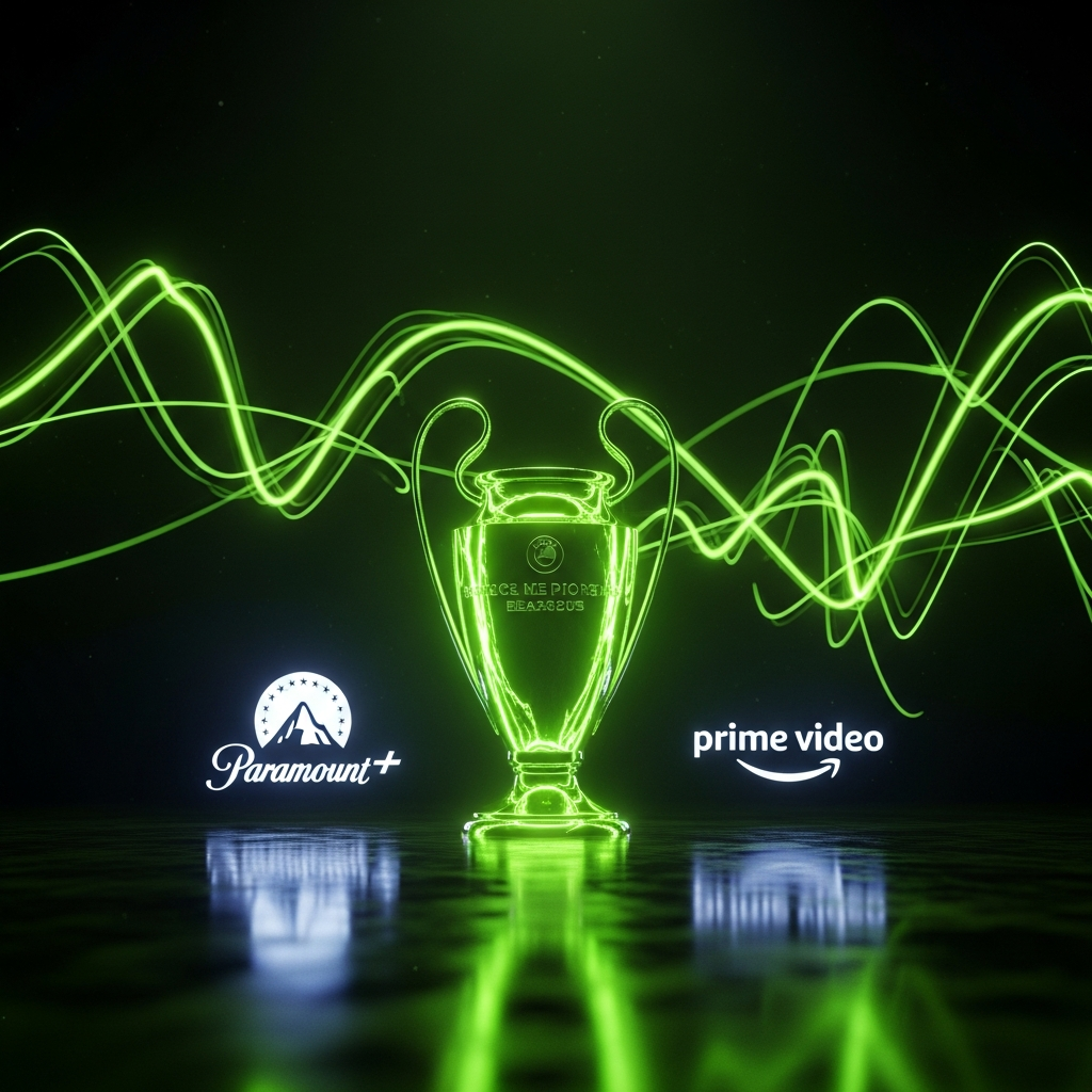 A 16:9 cinematic, dark-themed thumbnail for a blog post about Champions League broadcasting rights. In the center, a futuristic, glowing lime green UEFA Champions League trophy stands on a dark, reflective surface. To the left, the Paramount+ logo glows softly. To the right, the Amazon Prime Video logo is also subtly illuminated. Abstract lime green light trails swirl around the trophy, conveying motion and a digital future. The overall tone is sleek, modern, and high-tech.