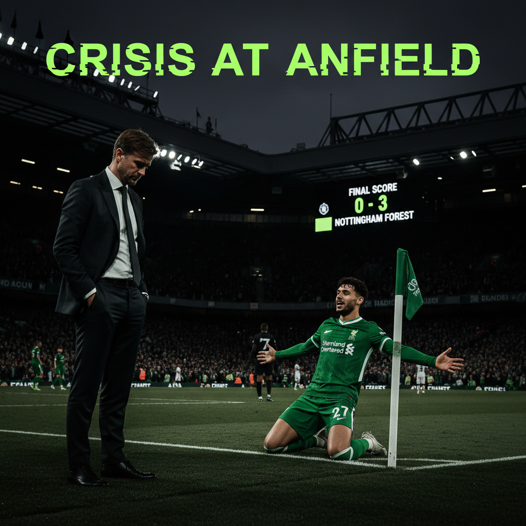 Morgan Gibbs-White of Nottingham Forest celebrates scoring against Liverpool at a dark and atmospheric Anfield.