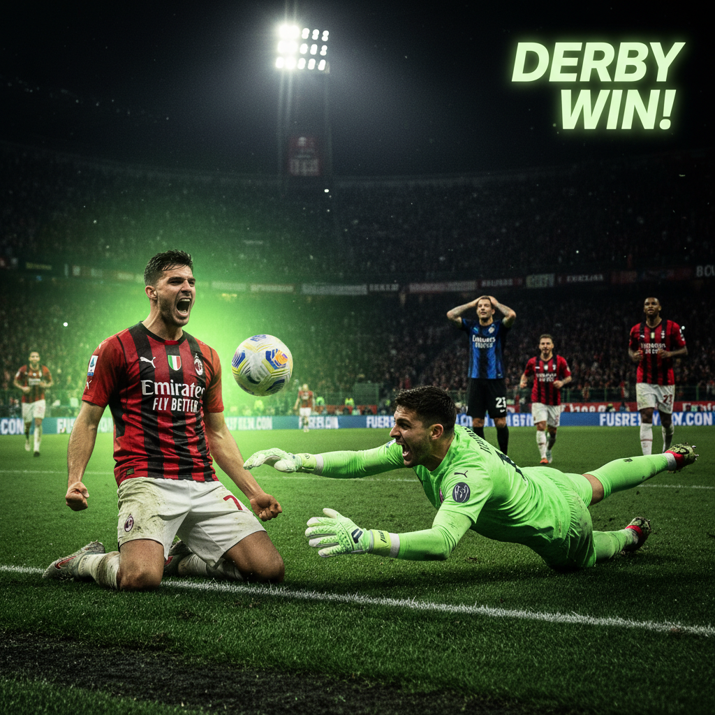 AC Milan goalkeeper Mike Maignan dives to save a penalty against Inter, with a dark tone and lime green accents on his gloves.