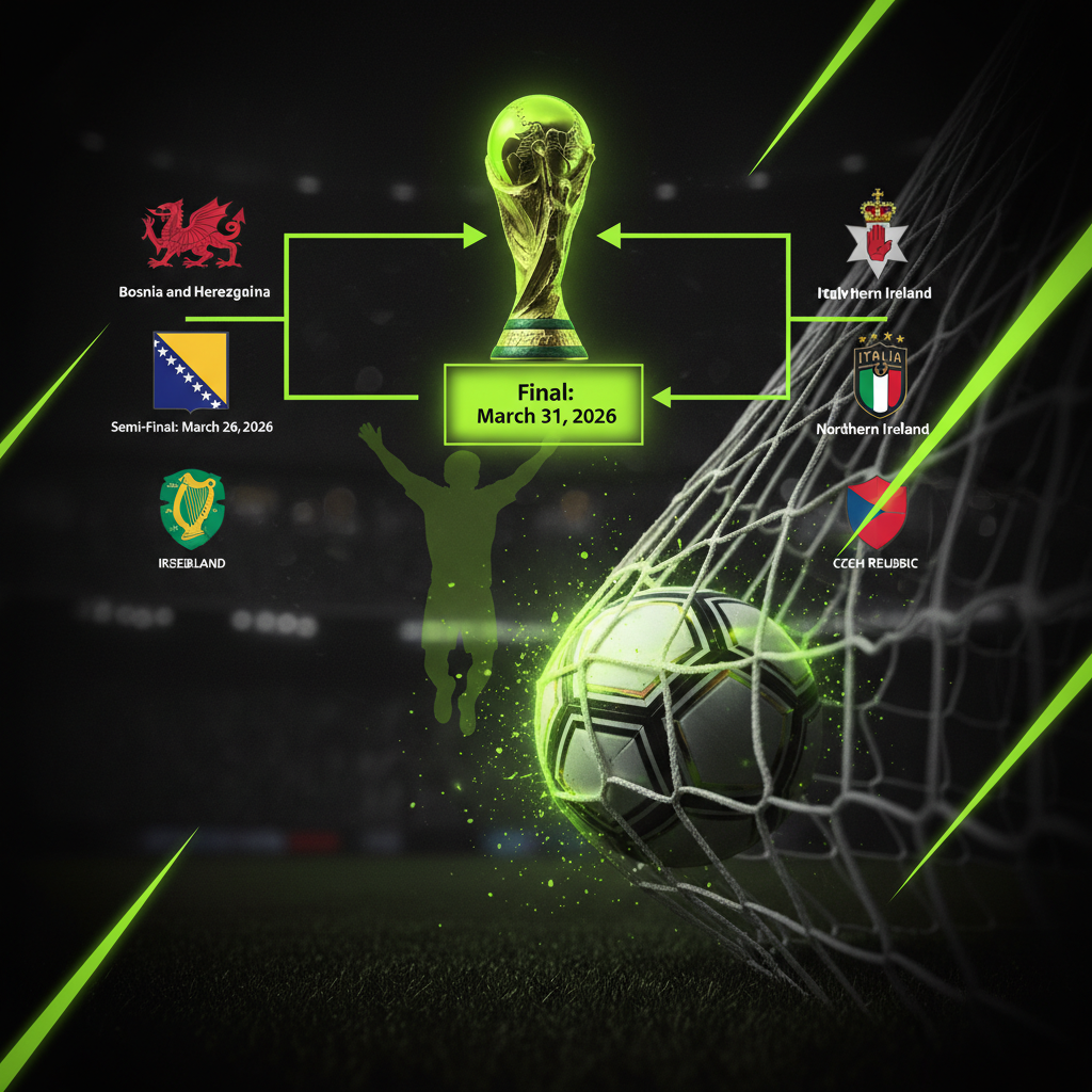 A lime green and dark chart showing the FIFA World Cup 2026 playoff path for Wales, Italy, and Northern Ireland.