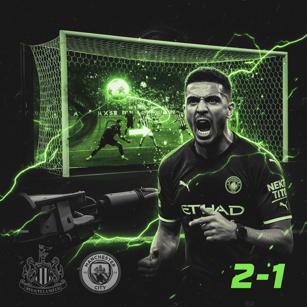 A referee analyzes a controversial goal on a VAR screen, which glows with a lime green hue in a dark room.