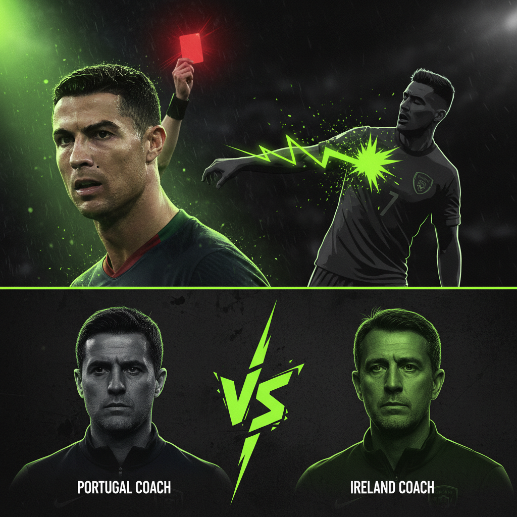 Cristiano Ronaldo shown a red card after elbowing Ireland's Dara O'Shea during the World Cup qualifier.