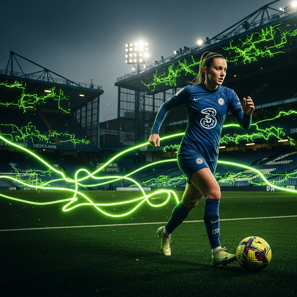A 16:9 cinematic, high-contrast photograph of a female footballer in a Chelsea kit, mid-stride on a dark pitch at Stamford Bridge.