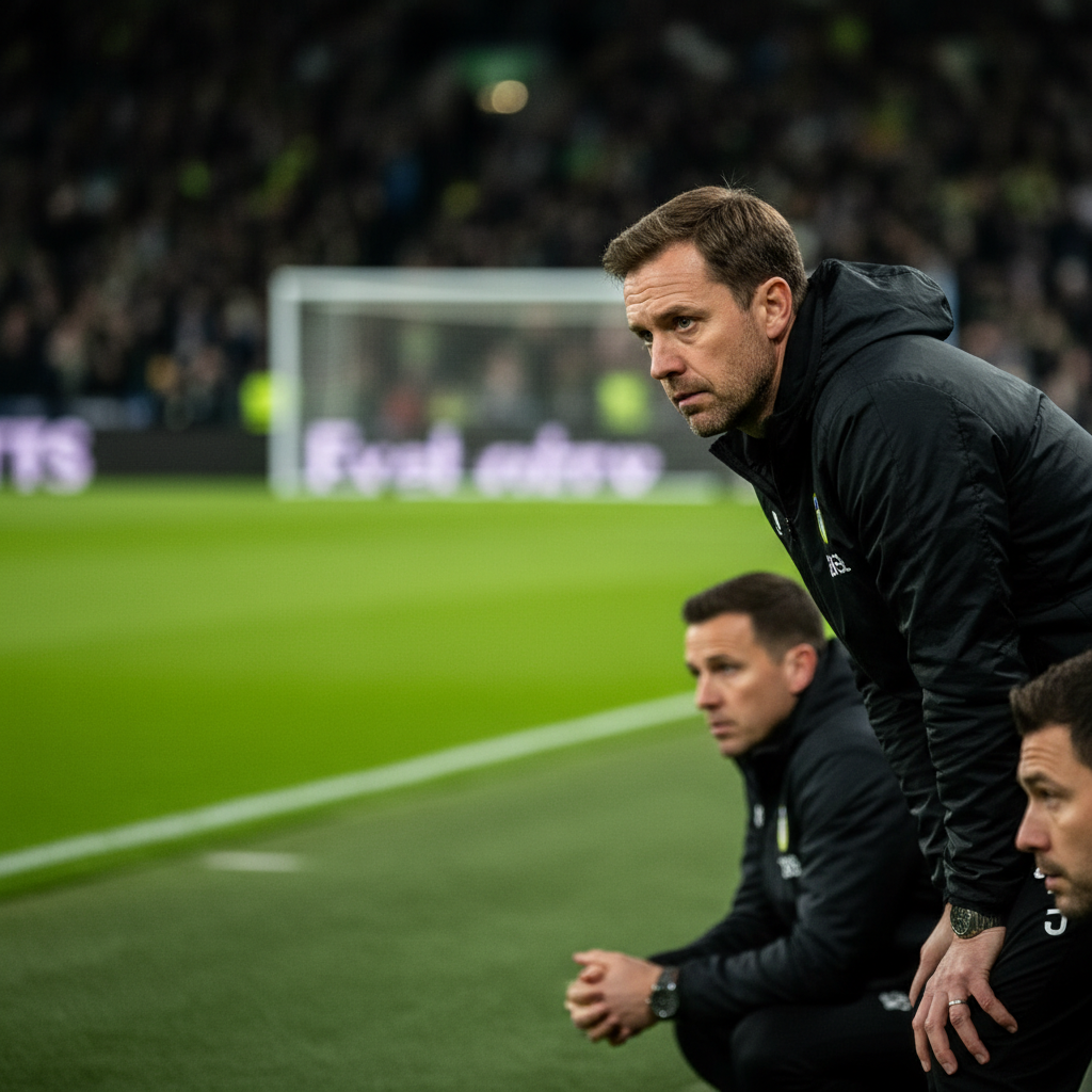 Leeds United manager Daniel Farke looks on pensively from the dugout.