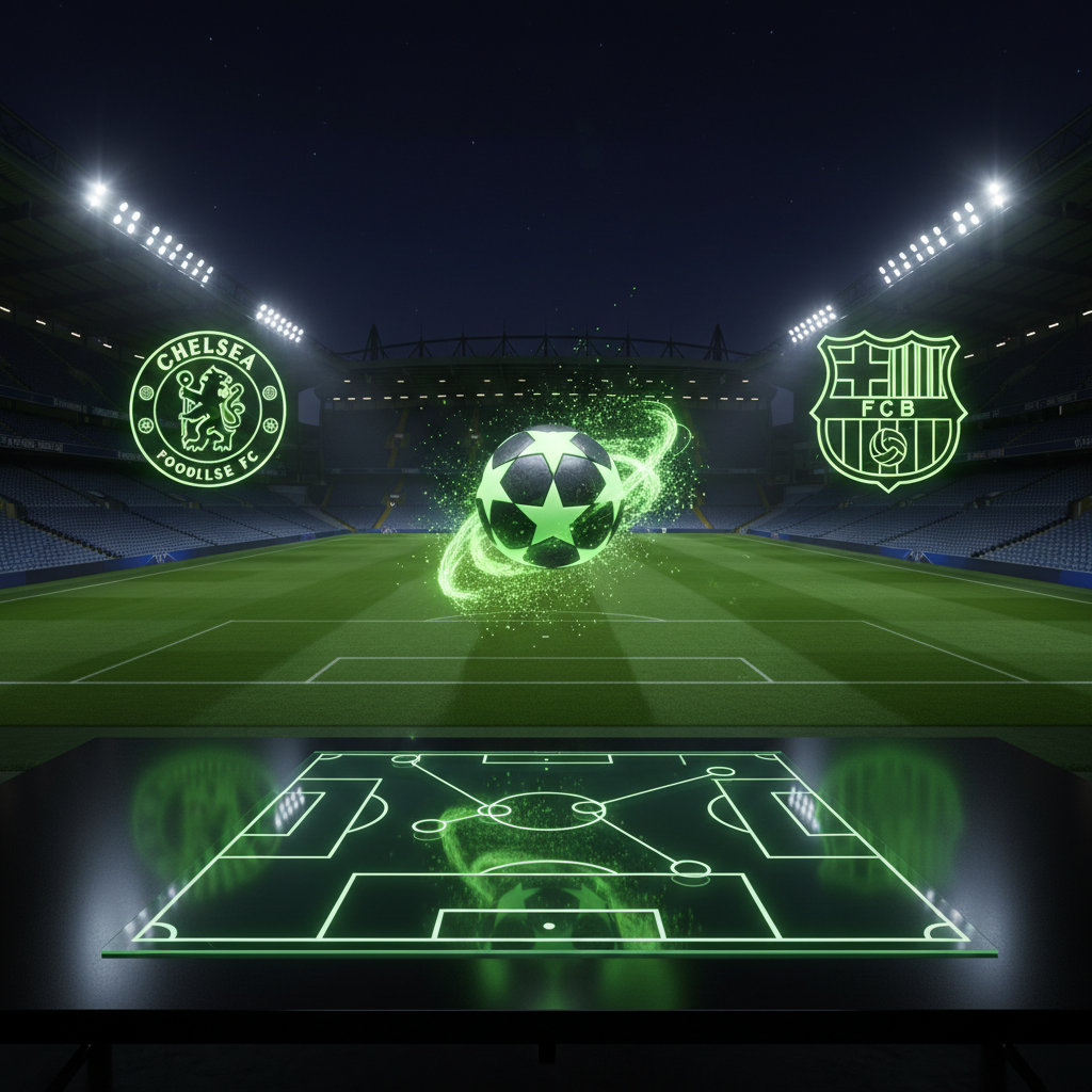 A tactical board with glowing lime green formations for the Chelsea vs Barcelona match, set against a dark, moody backdrop of Stamford Bridge.
