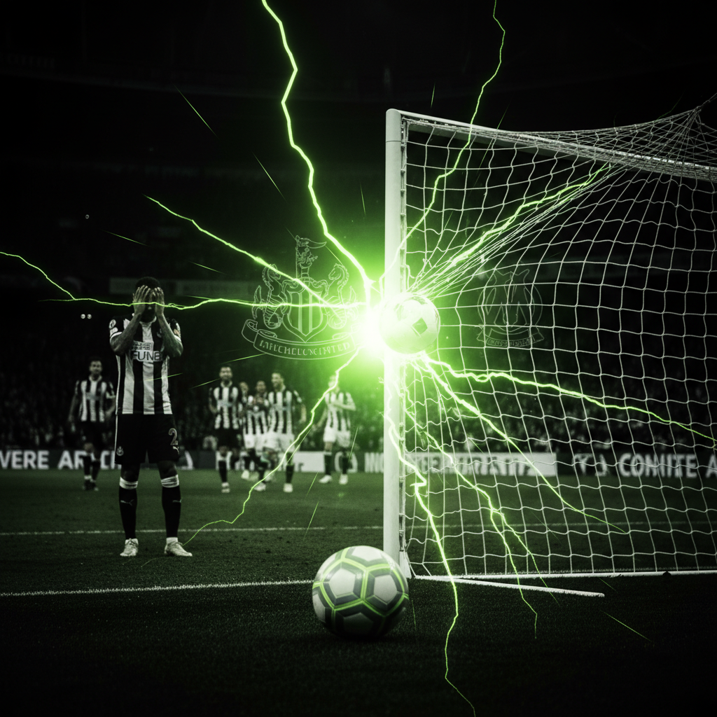 A dejected Newcastle United player with his head in his hands during the Champions League match against Marseille, with a lime green and dark color filter.