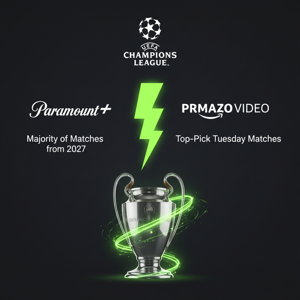 A football stadium at night with lime green lighting, symbolizing the new era of Champions League broadcasting with Paramount.