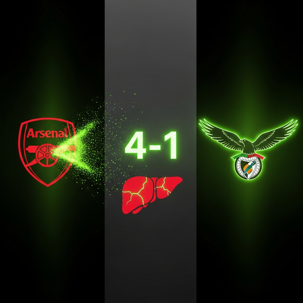 Dynamic graphic depicting Champions League highlights: Arsenal cannon, PSV\