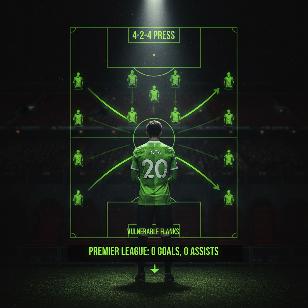 Diagram illustrating Liverpools 4-2-4 tactical formation under Arne Slot, with lime green highlights showing areas of defensive vulnerability.