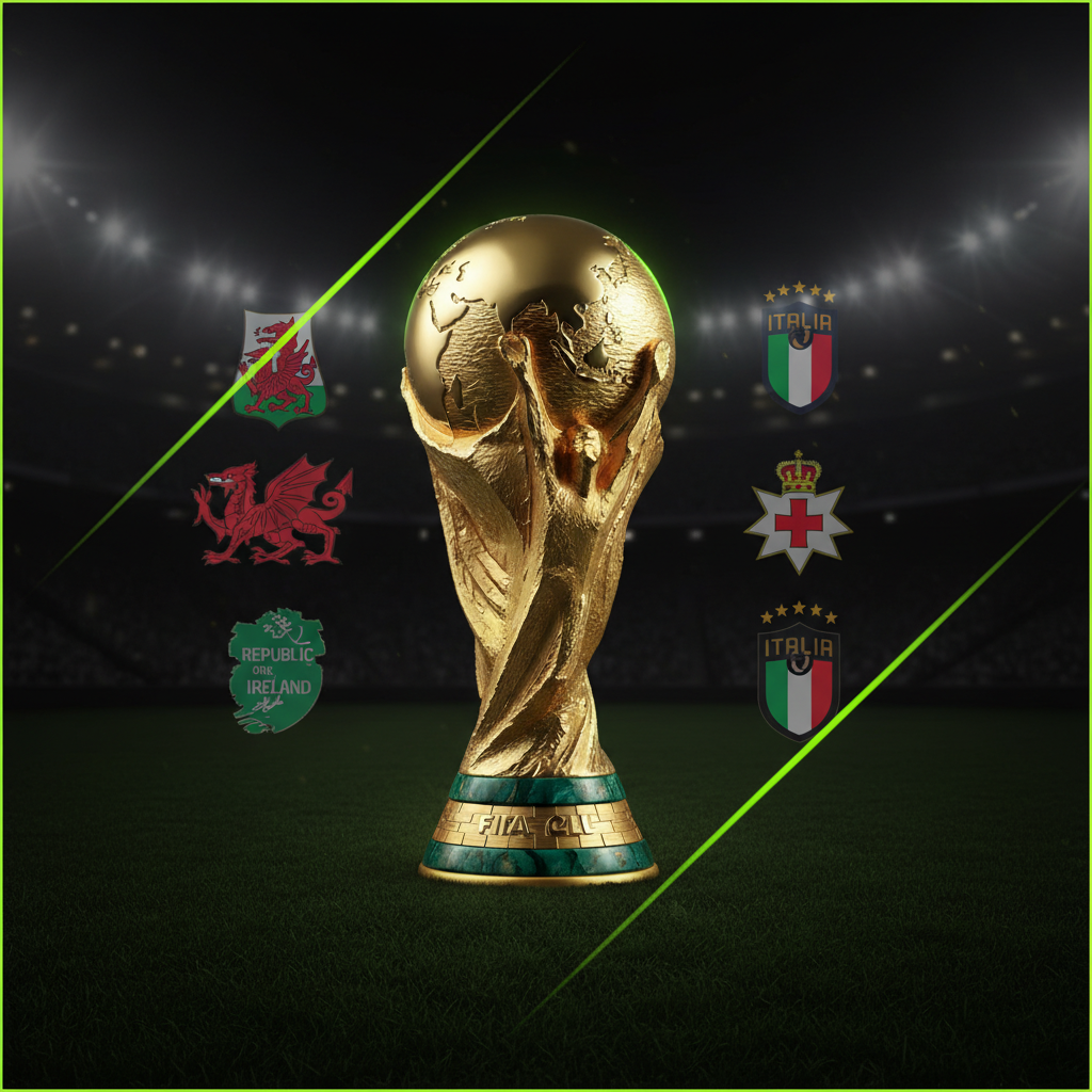 A football scores a goal, illuminated by a vibrant lime green light in a dark stadium.