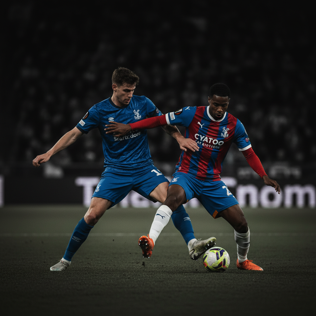 A Strasbourg player and a Crystal Palace player challenge for the ball during their Conference League match.