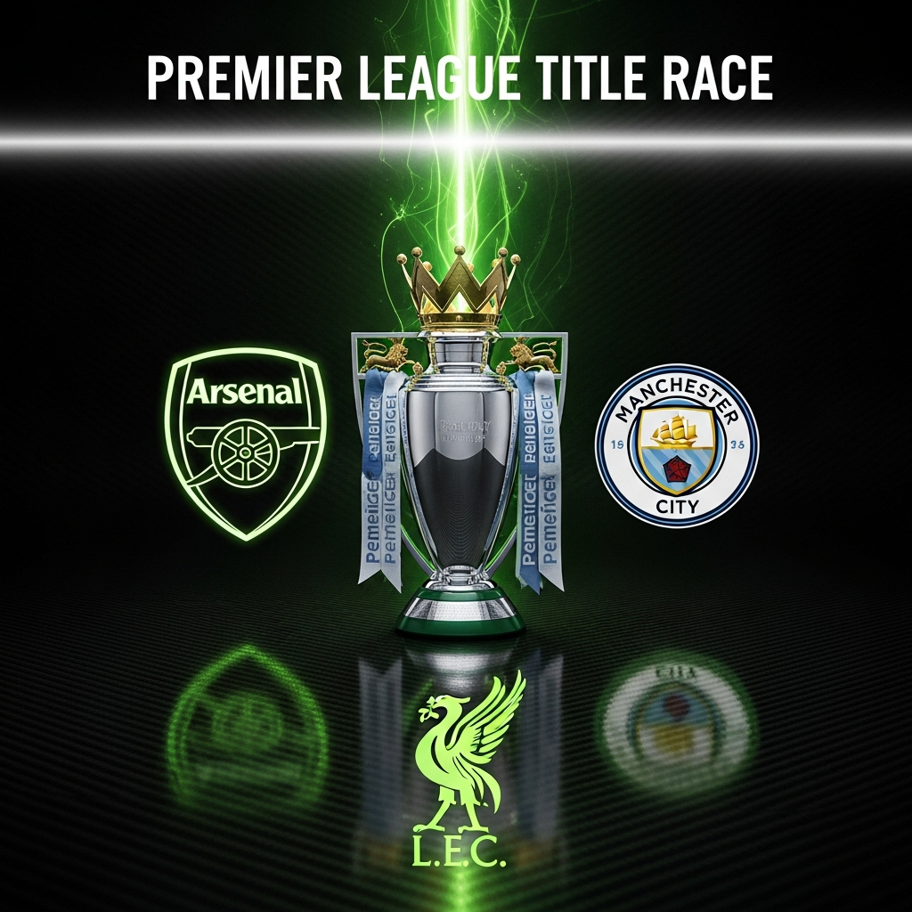 Premier League trophy with Arsenal, Man City, and Liverpool logos glowing lime green, symbolizing the title race