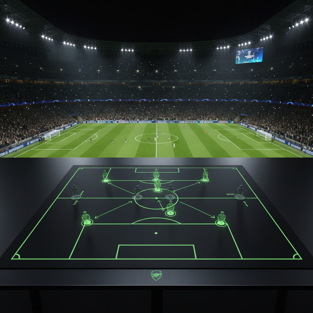 A dark tactical football board with glowing lime green arrows and markers illustrating a complex formation.