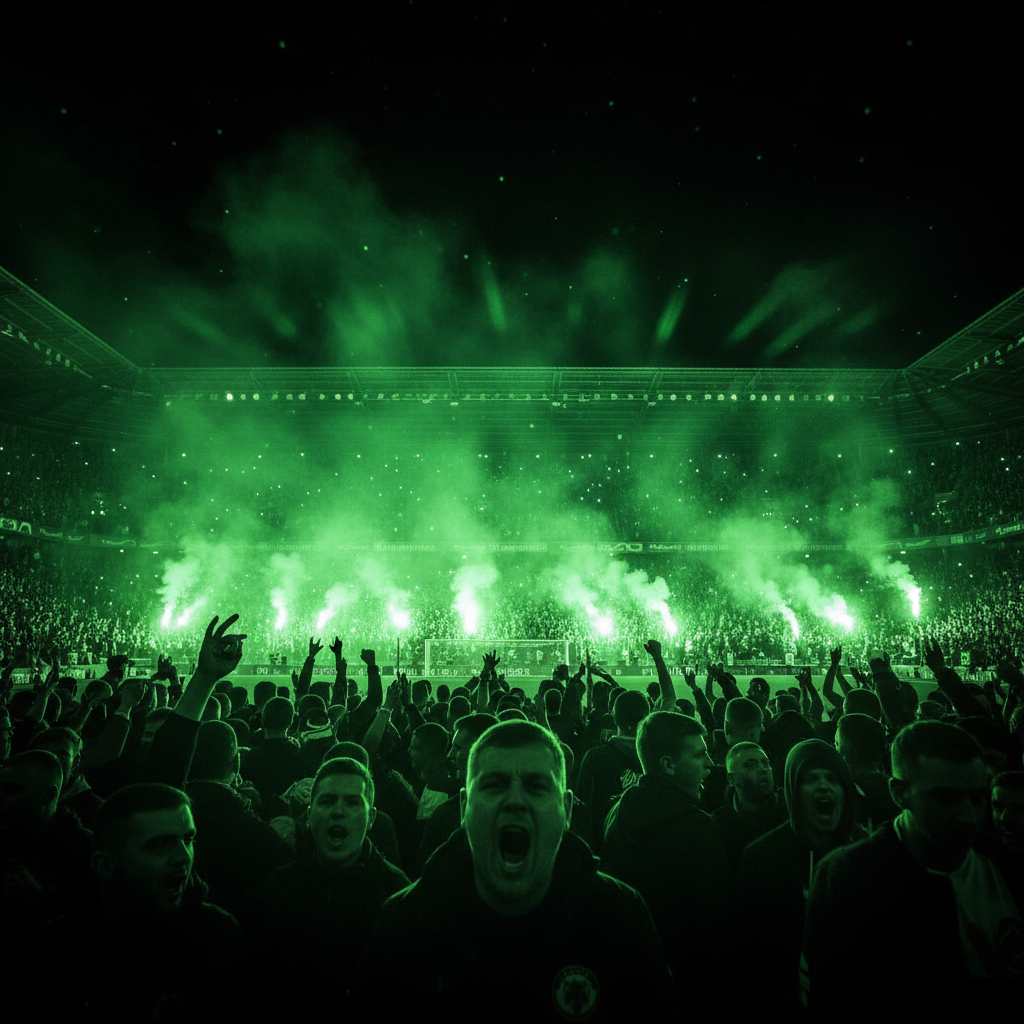 A vibrant night shot of a football stadium, with glowing lights and an energetic atmosphere, suitable for a Conference League match report.