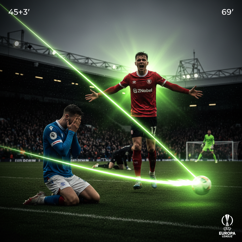 James Tavernier scores a penalty for Rangers against Braga in the Europa League, with a lime green and dark color scheme.