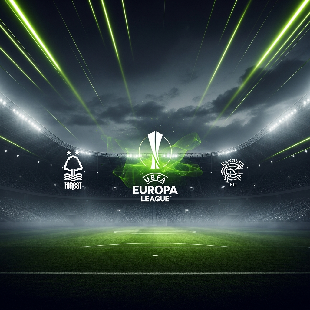 16:9 cinematic thumbnail for a football blog post with electric lime green light trails and UEFA Europa League, Nottingham Forest, and Rangers FC logos.