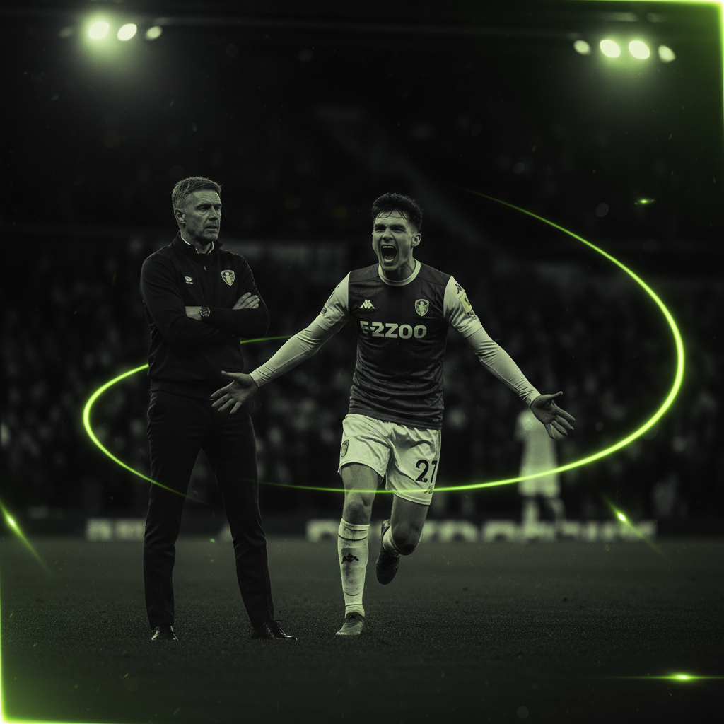 A poignant shot of Leeds United manager Daniel Farke on the touchline. He stands with his arms crossed, a look of deep concern and contemplation on his face as he watches the game unfold. The image is captured in a dark, atmospheric style, focusing intensely on his troubled expression. The stadium lights in the background are rendered as soft, out-of-focus bokeh, with a lime green color grade applied to them, enhancing the moody and dramatic feel of the scene.