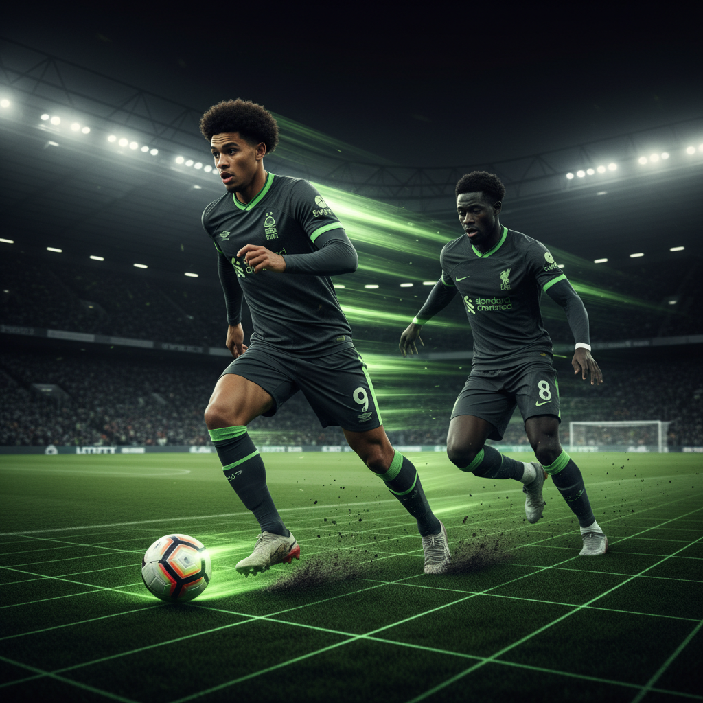 Nottingham Forest player transitioning quickly on the attack against Liverpool.