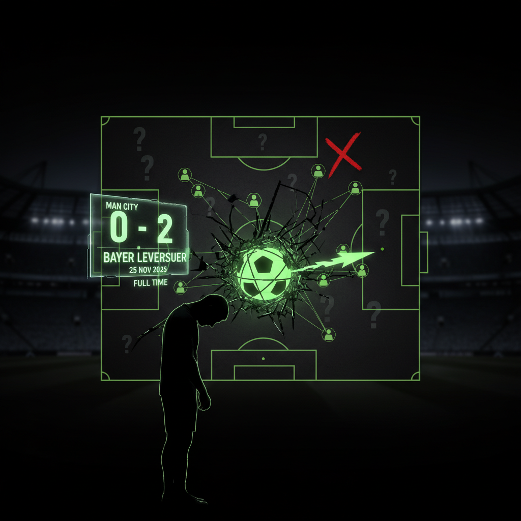 A tactical graphic illustrating Pep Guardiola's controversial team selection against Bayer Leverkusen.