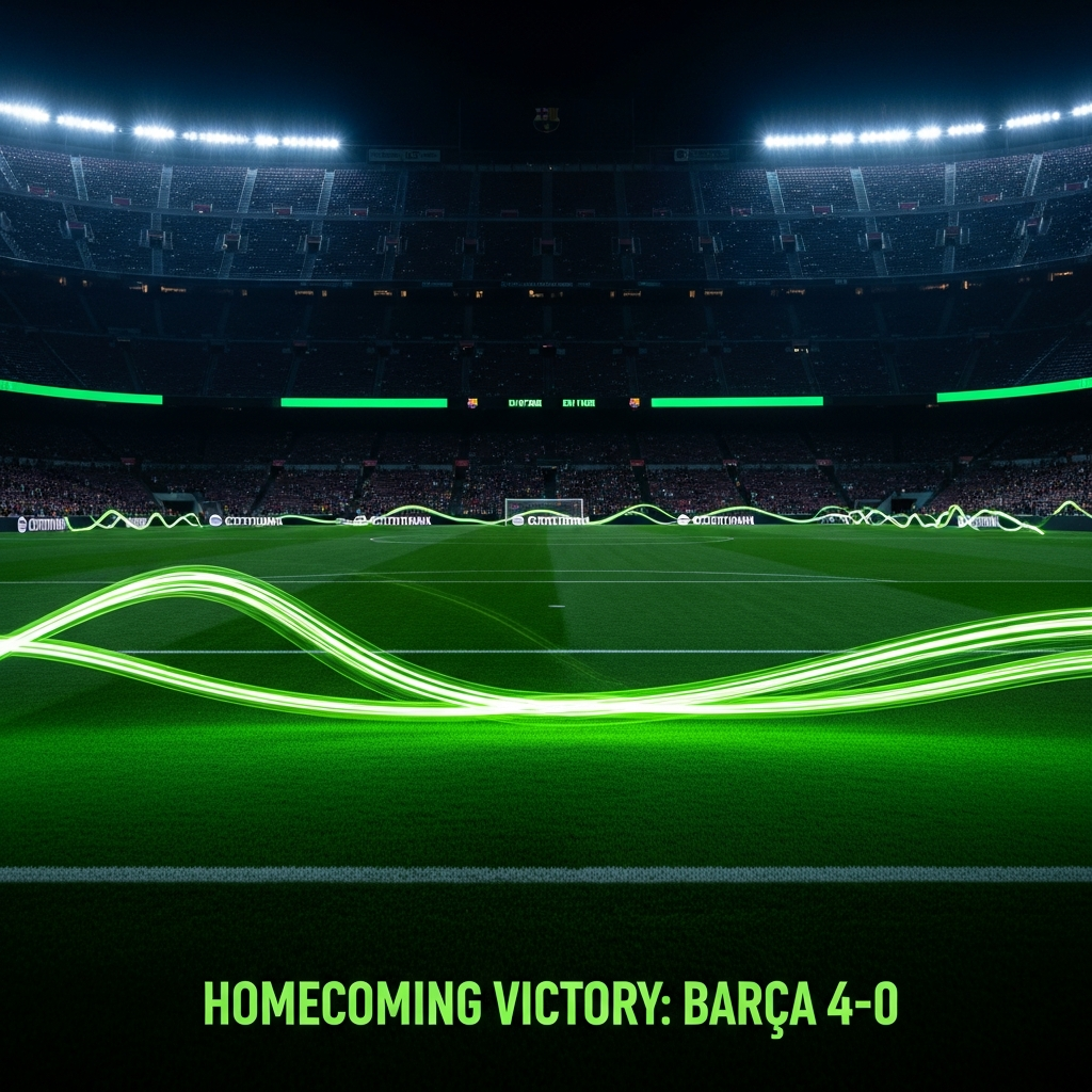 A 16:9 cinematic, wide-angle photograph of the Spotify Camp Nou at night, celebrating a victory. The stadium has a dark, moody tone, with the architecture defined by deep shadows. The pitch is intensely illuminated, with abstract, futuristic streaks of vibrant lime green light tracing the movement of celebrating Barcelona players. The partially filled stands are a dark silhouette against the glowing stadium lights. In the foreground, bold text reads "HOMECOMING VICTORY: BARÇA 4-0" in a sharp, modern, lime green font. The overall aesthetic is dramatic, high-contrast, and energetic.