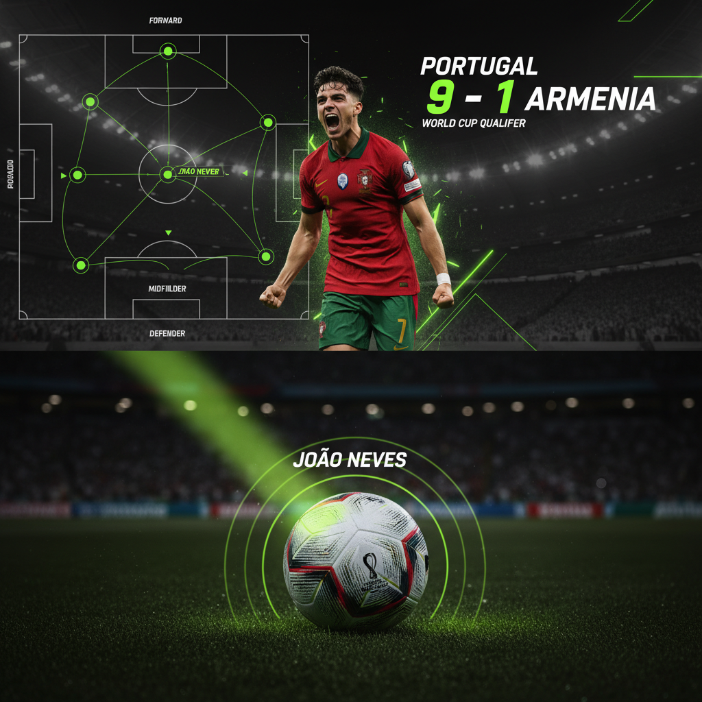 A tactical graphic showing the Portugal national football team's formation against Armenia, with João Neves highlighted in lime green.