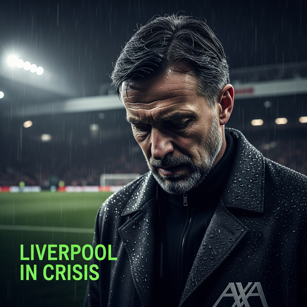 A dramatic, dark-toned close-up of Liverpool manager Arne Slot on the rainy Anfield touchline at night. He looks down, his face etched with stress and disappointment, illuminated by the stadium lights which cast a moody, atmospheric glow. Raindrops are visible on his coat. The color palette is overwhelmingly dark charcoal and black, with a sharp, vibrant lime green used for a subtle text overlay in the bottom corner that reads: "LIVERPOOL IN CRISIS". The overall mood is tense and somber.