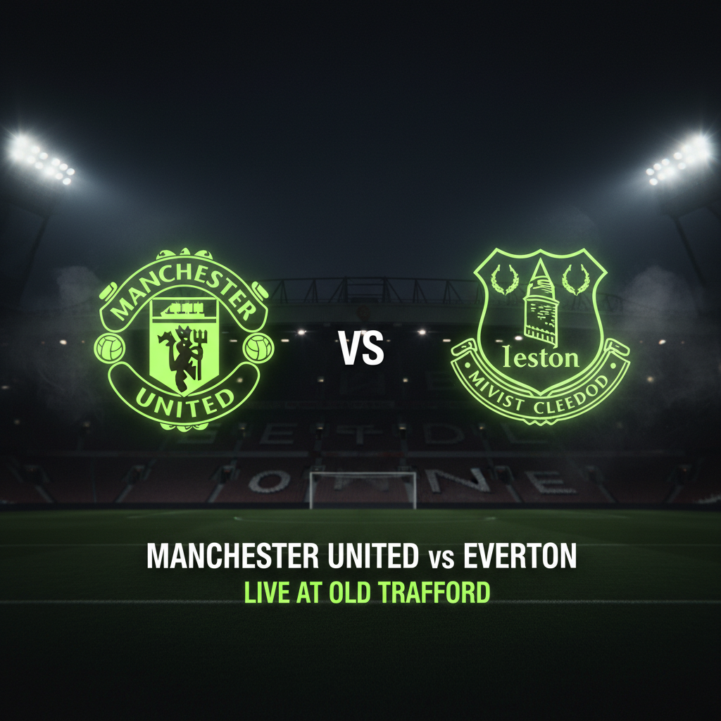 Broadcast logos including Sky Sports and Fubo showing where to watch the Man United vs Everton match.