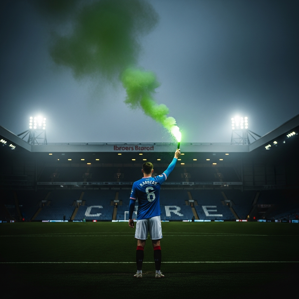 A dramatic image of a dejected Rangers player on a dark Ibrox pitch, with a vibrant electric lime green light ray, embodying the frustration of European football.