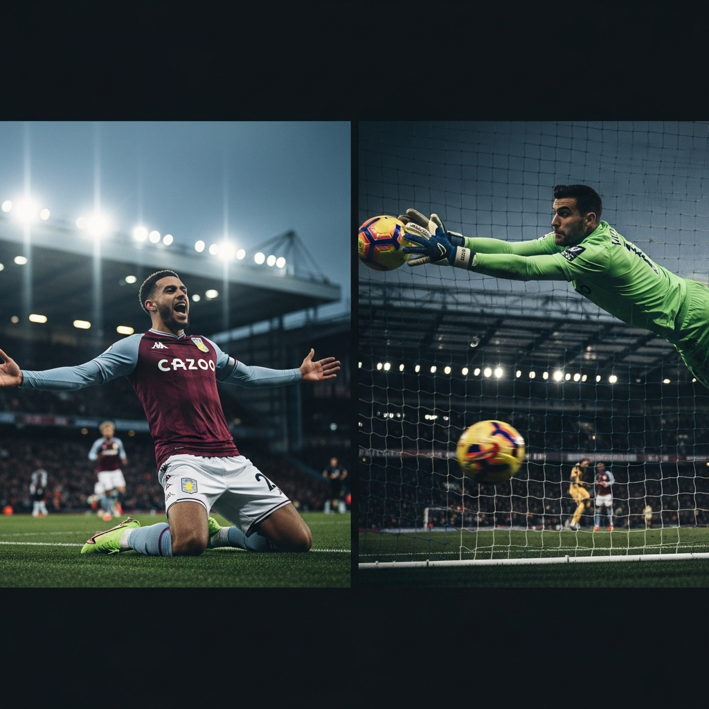 Aston Villa player celebrating a goal against Bournemouth, sliding on knees with arms outstretched, blurred stadium background under floodlights.