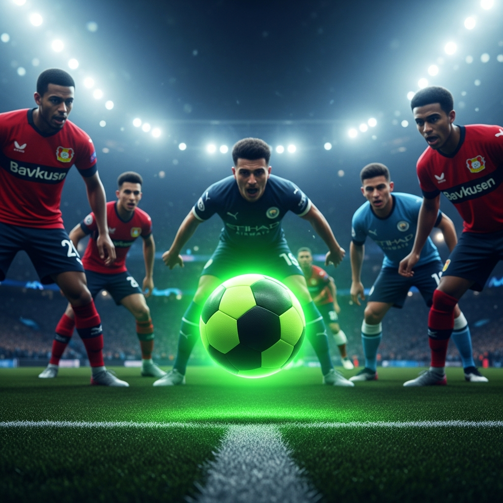 Manchester City manager Pep Guardiola looking frustrated on the touchline with Erling Haaland dejected in the background, in a dark stadium with lime green accents.