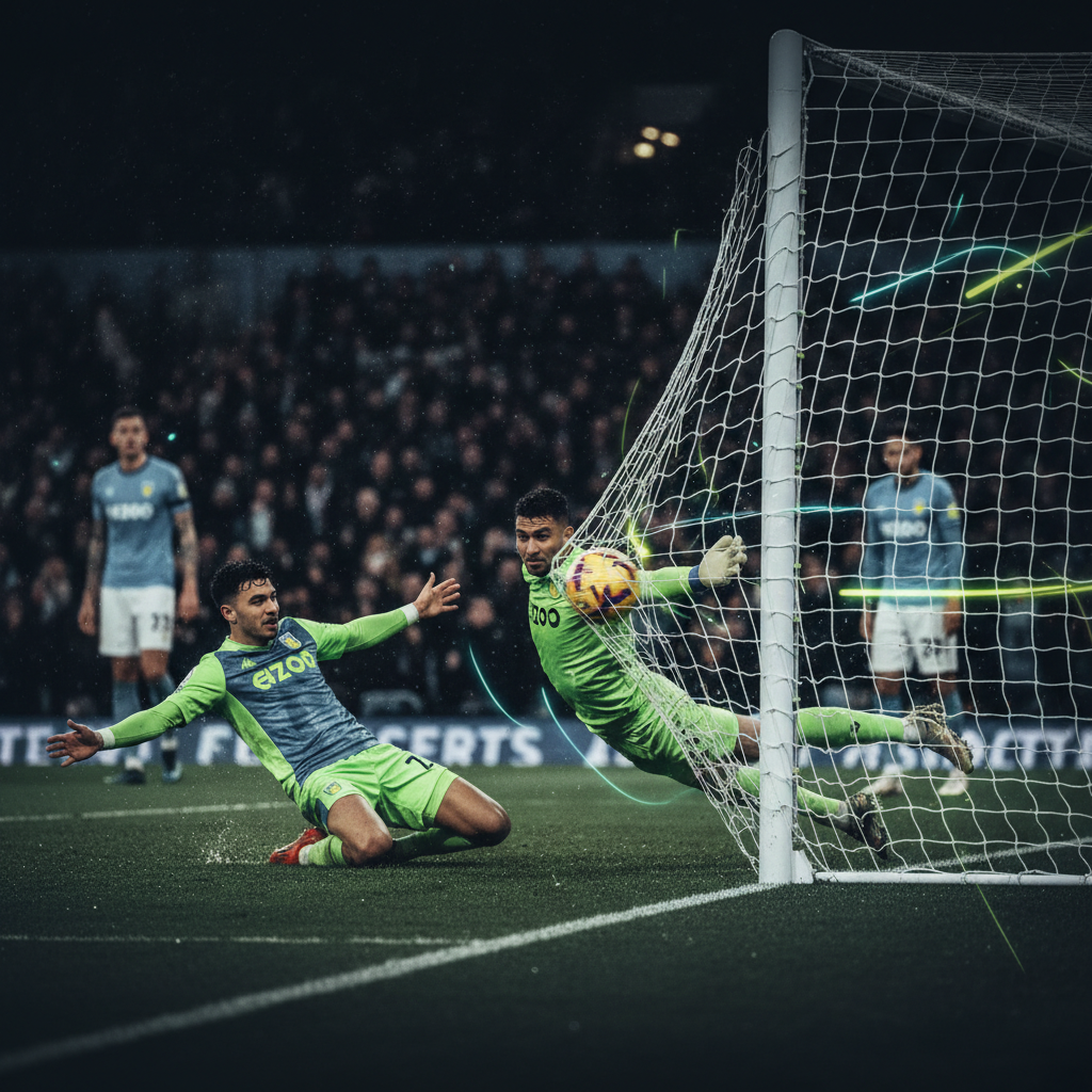 Goalkeeper Emiliano Martínez saves a penalty during the Aston Villa vs Bournemouth Premier League match.