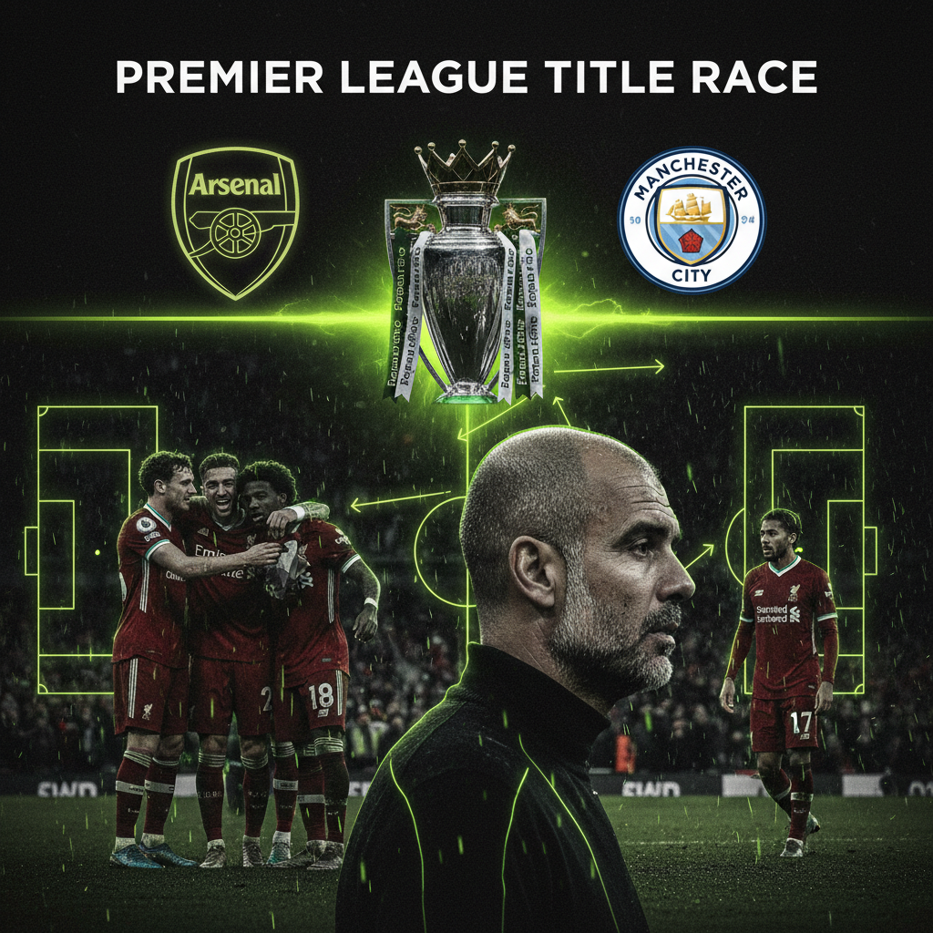 Arsenal players celebrate a goal, highlighted with lime green and dark tones, symbolizing their Premier League title charge.