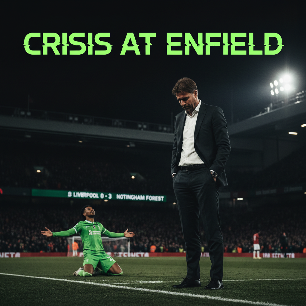 The Anfield scoreboard shows the final 3-0 defeat for Liverpool against Nottingham Forest, using a lime green and dark color theme.