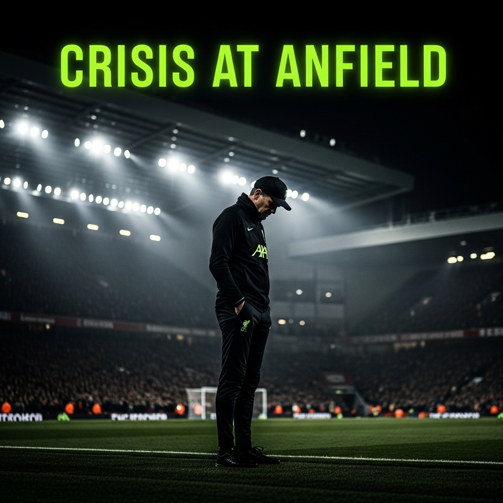 Dejected Liverpool manager Arne Slot on the touchline with "CRISIS AT ANFIELD" overlay.
