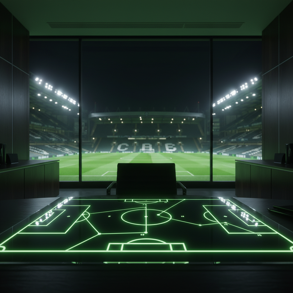 Stamford Bridge at night, illuminated by brilliant lime green floodlights under a dark sky, ready for the Chelsea vs Barcelona Champions League match.