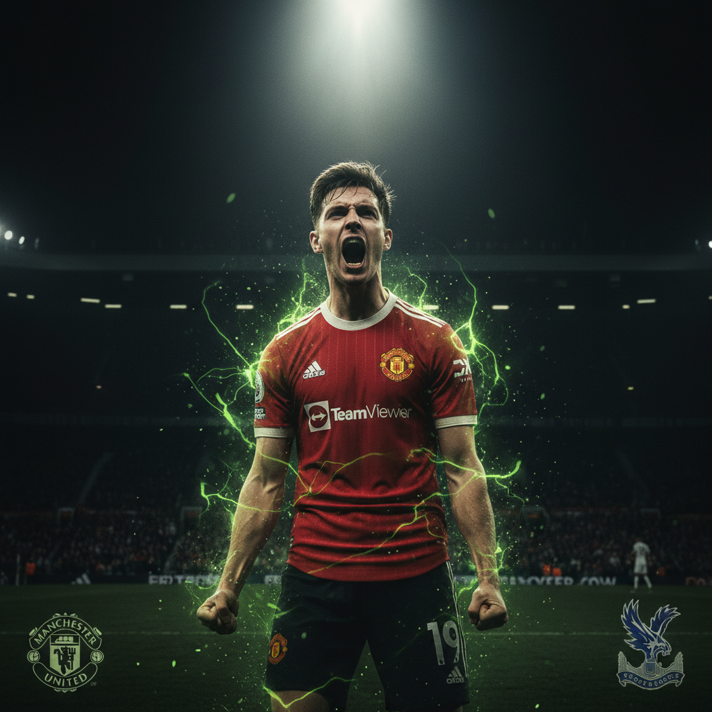 Jean-Philippe Mateta places the ball for his penalty against Manchester United in a tense, dark-toned image with lime green highlights.