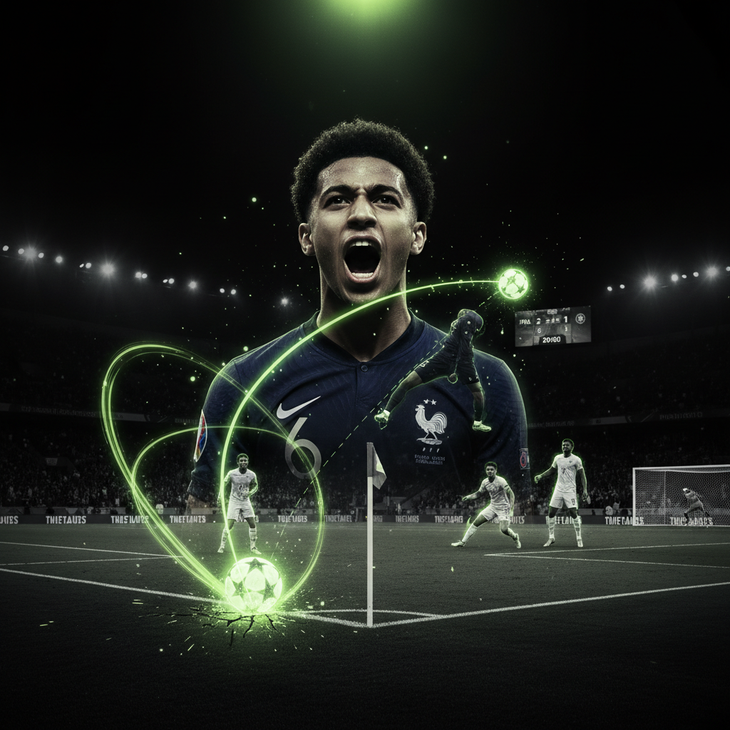 Maghnes Akliouche of the France national football team celebrates his debut goal against Azerbaijan in a dark, atmospheric shot with lime green highlights.