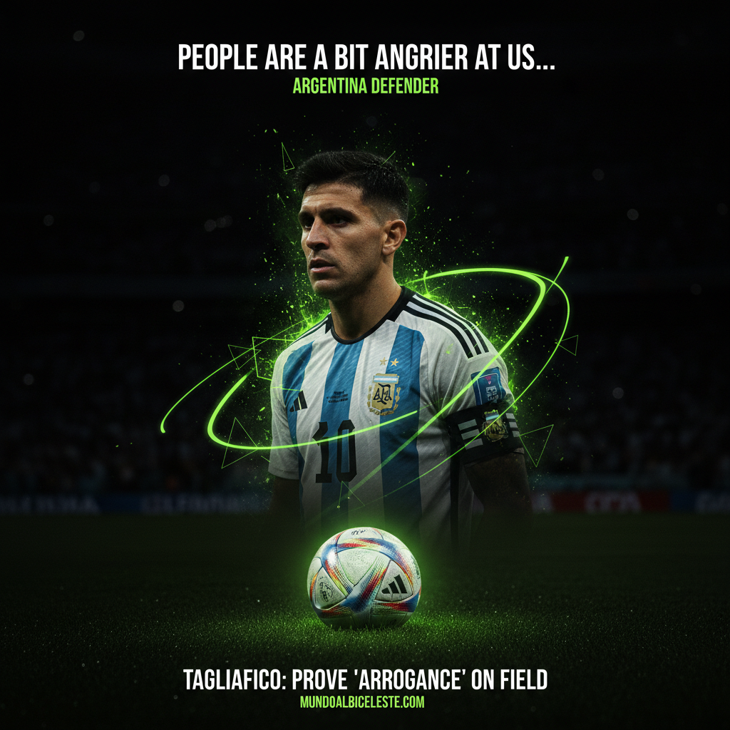 The Argentina national football team in a determined huddle, symbolizing their unity and focus on proving their champion status.