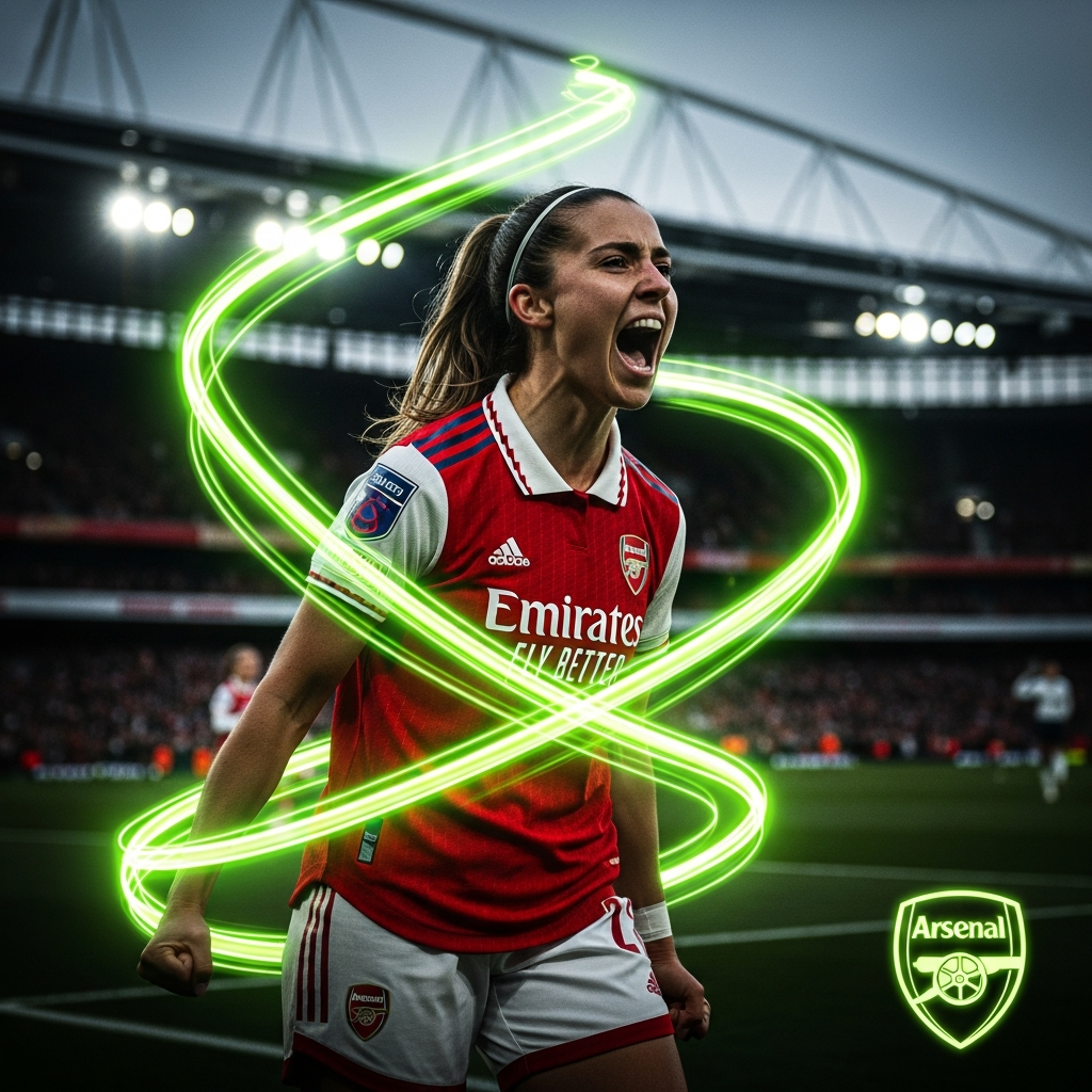 Alessia Russo celebrating a goal with lime green streaks, Arsenal crest glowing.