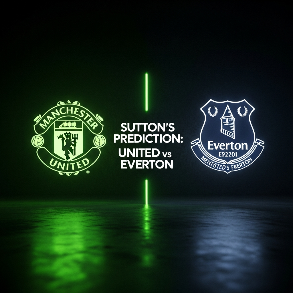 A dramatic 16:9 split-screen image with Manchester United and Everton crests glowing lime green, with "SUTTON\